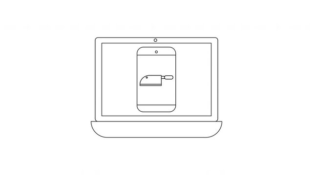 Line art of a laptop displaying a smartphone with a charging cable.