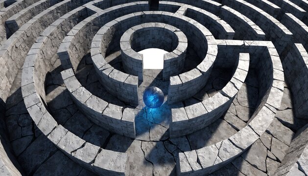 Stone maze with glowing blue orb and white keyhole labyrinth puzzle