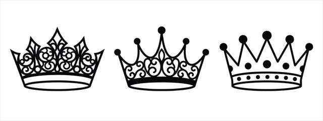 Royal crown vector set, elegant black tiara silhouettes with filigree details, 3 luxury monarch headwear icons for branding and heraldry © Dipankar