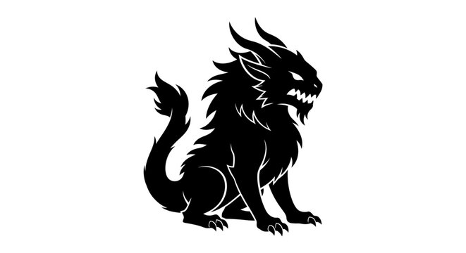Black dragon chimera monster silhouette isolated on white background