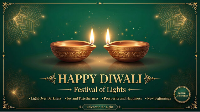 Happy Diwali Festival of Lights greeting card with burning oil lamps on green background