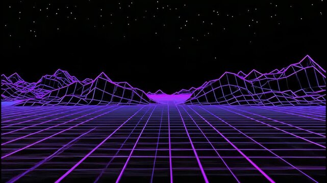 A vibrant, neon-purple retro-futuristic landscape featuring wireframe mountains and a grid receding into the distance under a starry night sky.