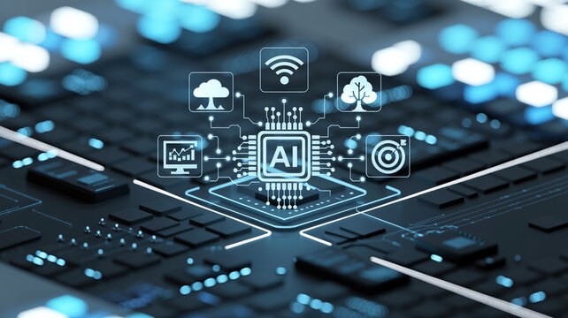 Artificial Intelligence Icons Representing Various Technologies on a Circuit Board