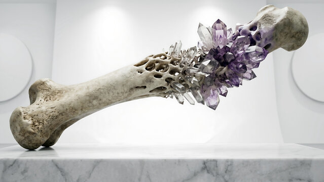 A large fossilized bone adorned with purple crystals and clear gems rests on a marble surface in a modern white room with circular wall decorations.