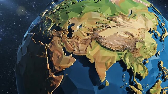Low Poly Earth Rotating in Space with Glowing Stars Background