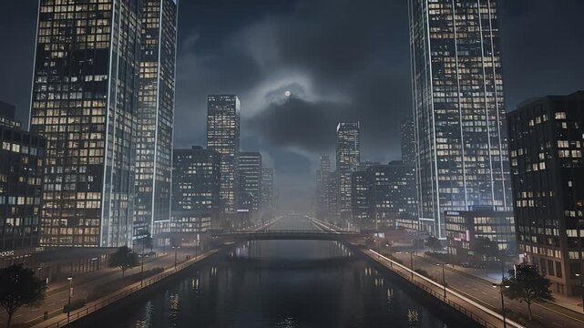 city night skyline over river with bridge and illuminated buildings
