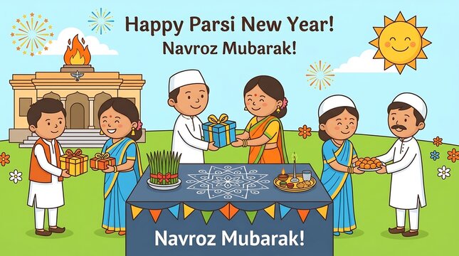 Happy Parsi New Year Navroz Mubarak Celebration with Family and Gifts.