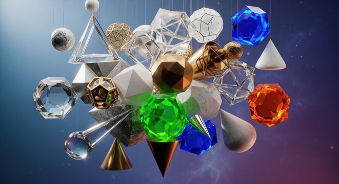 A collection of abstract geometric shapes and crystals suspended in mid-air against a gradient background.