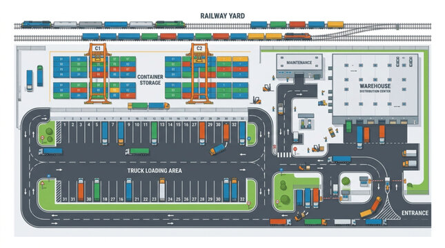 Aerial view of a busy industrial port with cargo containers and trains.