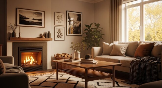 A cozy living room with a fireplace, a wooden coffee table, and a beige sofa with throw pillows.