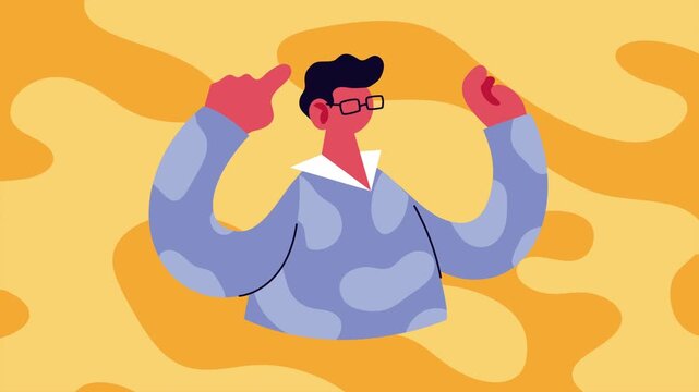 Abstract young man with glasses character animation against vibrant yellow camouflage background.