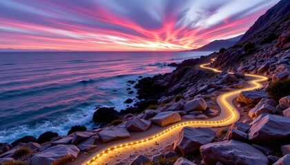 Obraz premium Twilight Coastal Pathway with Warm Led Lights and Vibrant Sky