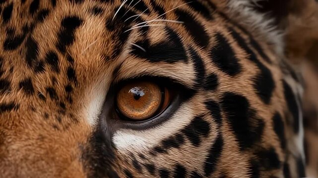 Macro cinematic close-up of a wild leopard's intense amber eye slowly blinking, showing detailed spotted rosette fur texture and whiskers.