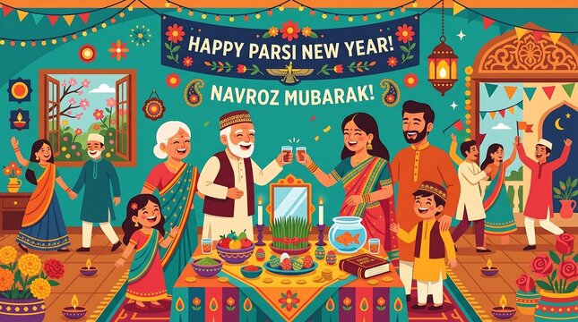 Happy Parsi New Year Navroz Mubarak Celebration with Family and Haft-Seen Table.