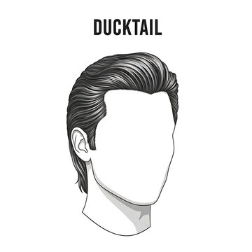 Illustration of a man's hairstyle featuring a sleek quiff and ducktail.