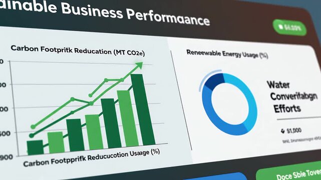 Business performance metrics displayed on a screen with graphs and charts showing sustainable efforts.