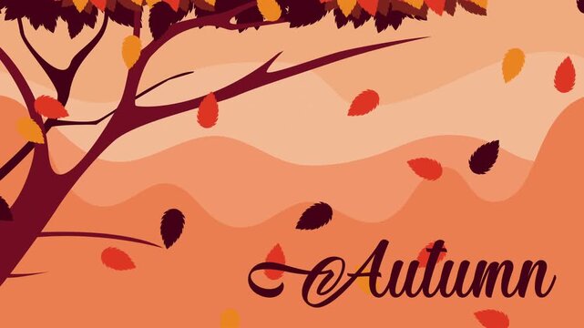 Autumn landscape motion graphics with falling leaves and seasonal tree silhouette background animation.