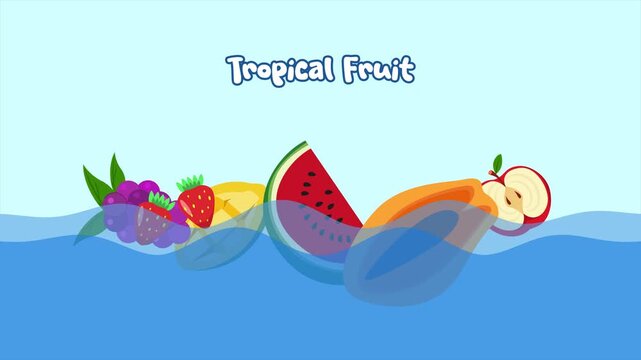 Tropical fruits floating on water surface. Tropical Fruit concept. Full length Icon animation illustration. High quality&nbsp;4k&nbsp;footage