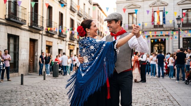Chulapo and Chulapa dancing chotis at San Isidro festival in Madrid