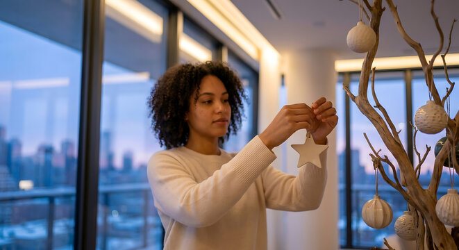 Mujer joven decorando su hogar para Navidad con una estrella blanca y vistas panor&aacute;micas de la ciudad al atardecer