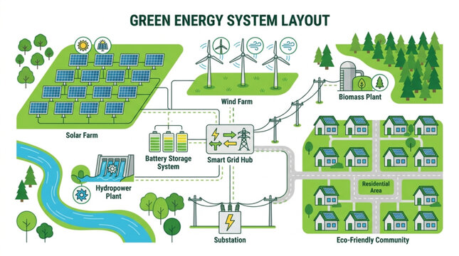 Green energy system layout illustration showing solar panels wind turbines and hydroelectric power.