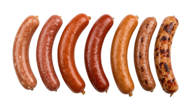 Seven assorted sausages arranged in a row on white background various types and colors of meat products
