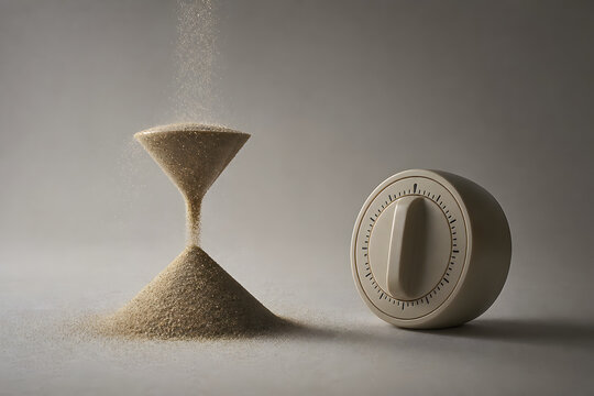 Kitchen timer spilling sand into an hourglass-shaped dune