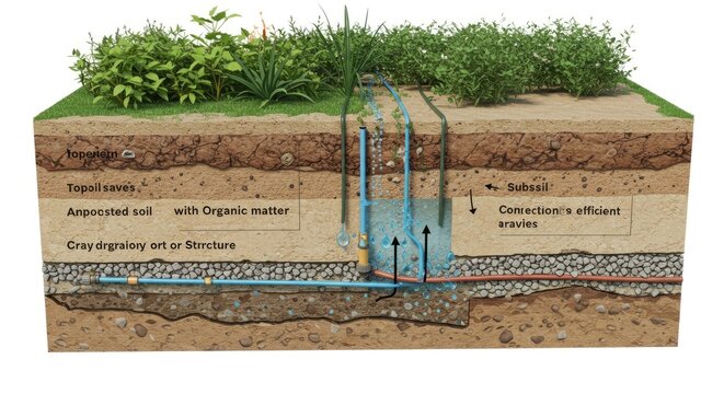 Cross-section of soil layers with irrigation system