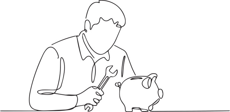 Man inserting coin into piggy bank with wrench in hand carefully
