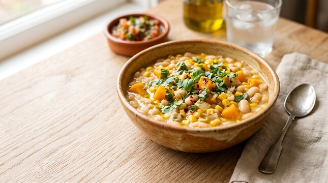Chilean Porotos Granados, creamy white beans cooked with fresh corn, yellow pumpkin cubes, onion, and fresh basil, served in an artisanal ceramic bowl over a light wood surface