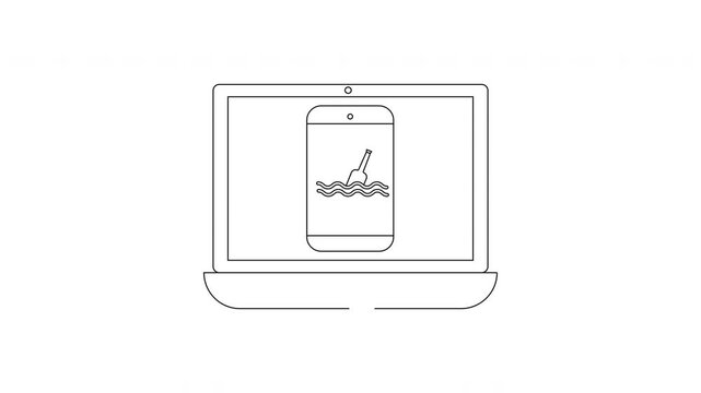 Minimalist line art of a laptop displaying a smartphone with a surfing icon.