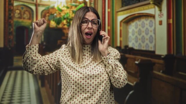 Woman wearing glasses and patterned blouse on smartphone, right hand raised in a fist and mouth open in a church building; joy spiritual connection.