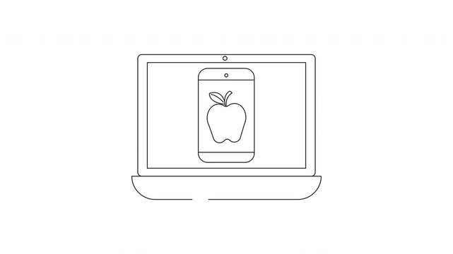 Minimalist Line Art of Laptop Displaying a Smartphone with an Apple Icon.