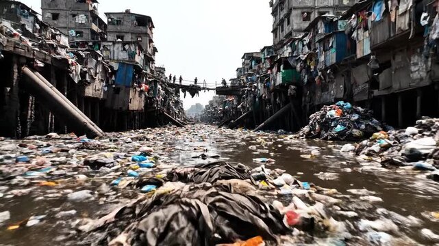 Polluted river flowing through a slum with heaps of floating plastic waste