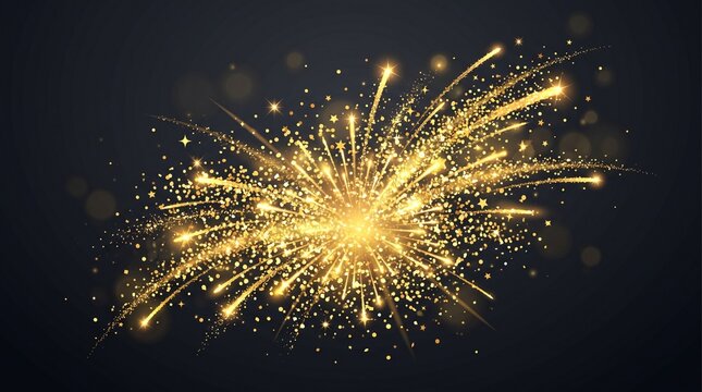 Bright golden glitter burst with radiant shimmer and glowing sparks, abstract festive celebration backdrop over dark elegant background, vector