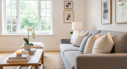 Obraz premium A serene living room with a light gray sofa adorned with white and blue pillows, a wooden coffee table with a white candle, and a potted orchid in a white vase on a white rug.