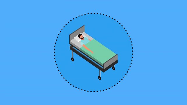 Isometric medical healthcare animation showing patient in wheelchair hospital bed and doctor with intravenous drip.