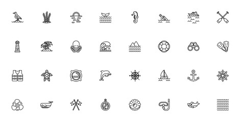 Sea and Ocean icon pack. Minimal vector set featuring Seagulls, Sunset, Whale, Lighthouse, Octopus, Sailboat, Anchor, Compass, Dolphin, Shark, Waves and more. © wang