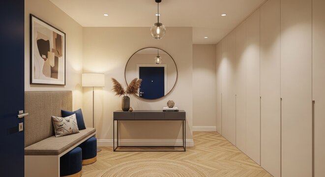 A modern, minimalist hallway with a round mirror, a console table, and a blue accent wall.