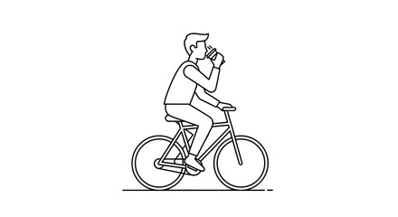 Obraz premium Man riding bicycle and drinking coffee, healthy lifestyle, active transport, morning routine