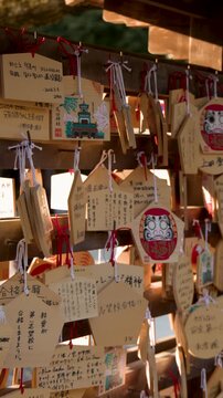 Wooden Ema Votive Tablets Hanging at Oyama Shrine in Kanazawa Japan