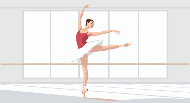 Elegant ballerina in a red leotard and white tutu performs a graceful dance move in a bright rehearsal studio with large glass windows.
