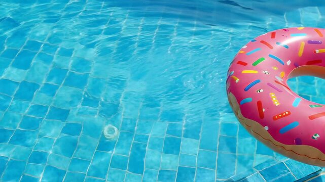 Pink Donut Pool Float Bobbing Gently in Sparkling Blue Swimming Pool Water.