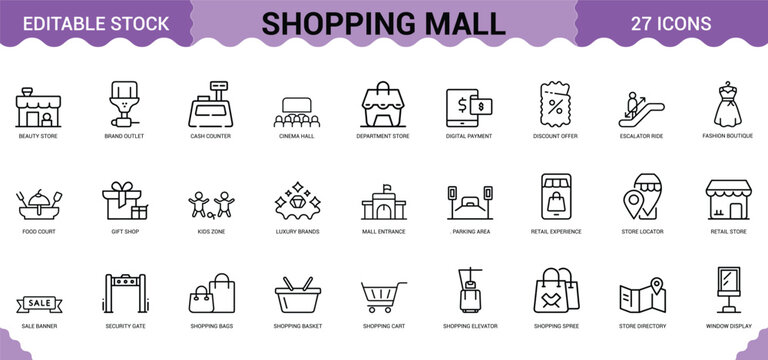 Set of 27 shopping mall thin line icons for retail store business management and consumer market.