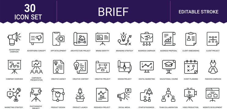 Brief and advertising project development thin line icons set for creative businesses.