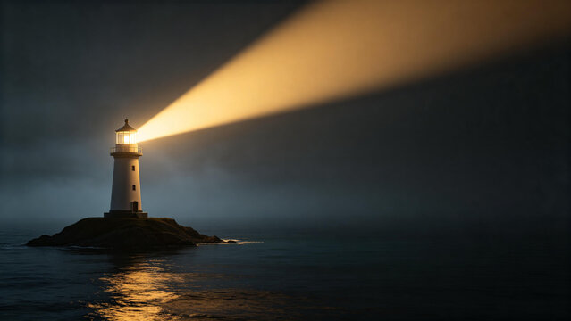 Modern 3D lighthouse emitting a bright golden beam on dark background, business leadership and vision concept.