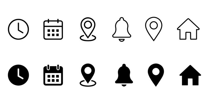 Minimalist UI icon set with 12 vector elements, black outline and solid web icons, interface navigation symbols for mobile apps and website design