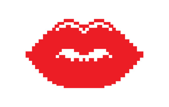 Pixel red lips icon in flat vector style. Isolated transparent background, minimal design for UI, games, apps, stickers, retro 8-bit aesthetic.