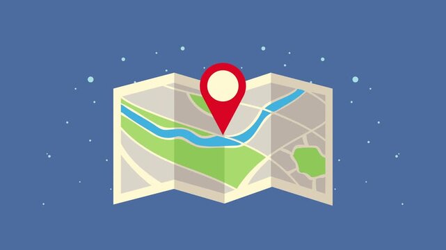 Animated map with location pin shows navigation route with snow falling in a loopable motion graphic video.