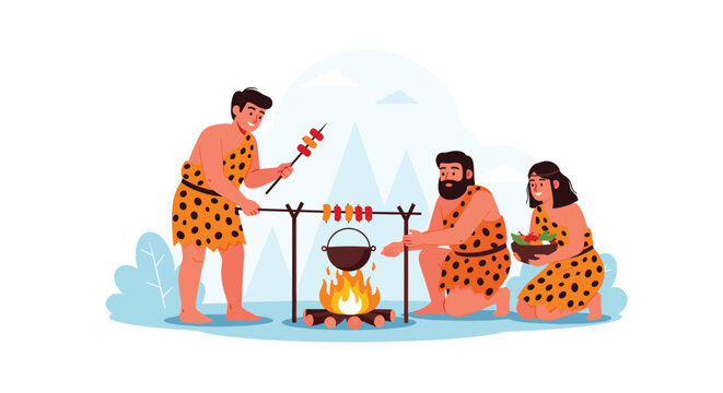 Primitive cavemen gather around a burning campfire to cook meat on skewers and prepare food in a prehistoric mountain setting.